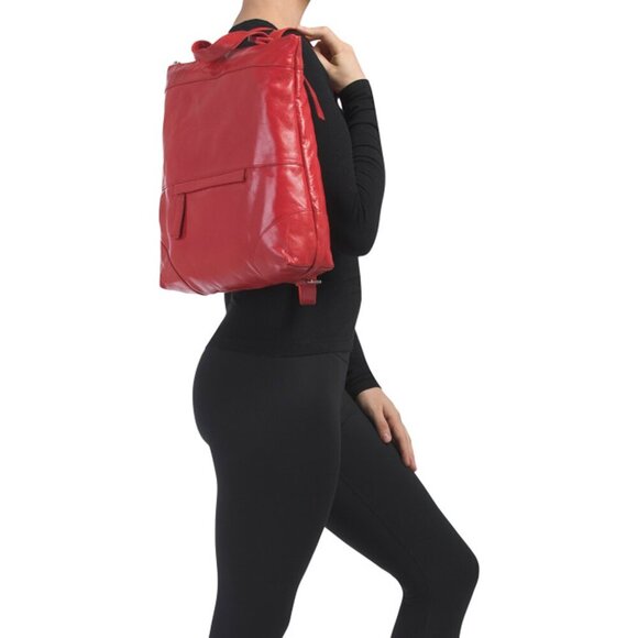 TANO Made In Italy Red Leather Large Top Handle Backpack With Front Pocket - Picture 4 of 4